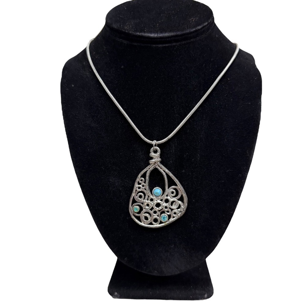 Silver Tone Turquoise Accents Pendant Necklace Teardrop Statement Jewelry 11.5in